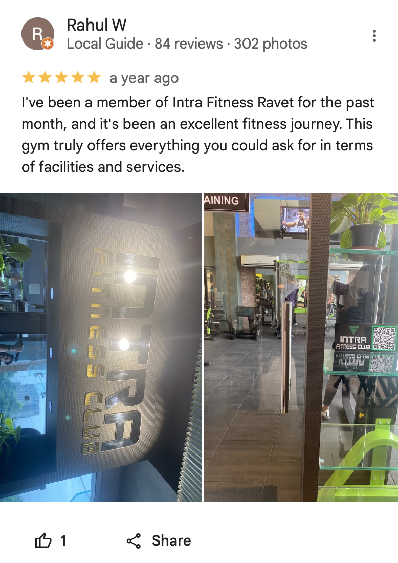 5-star Google review for Intra Fitness Club Ravet highlighting great trainers, energetic Zumba classes, and modern gym facilities
