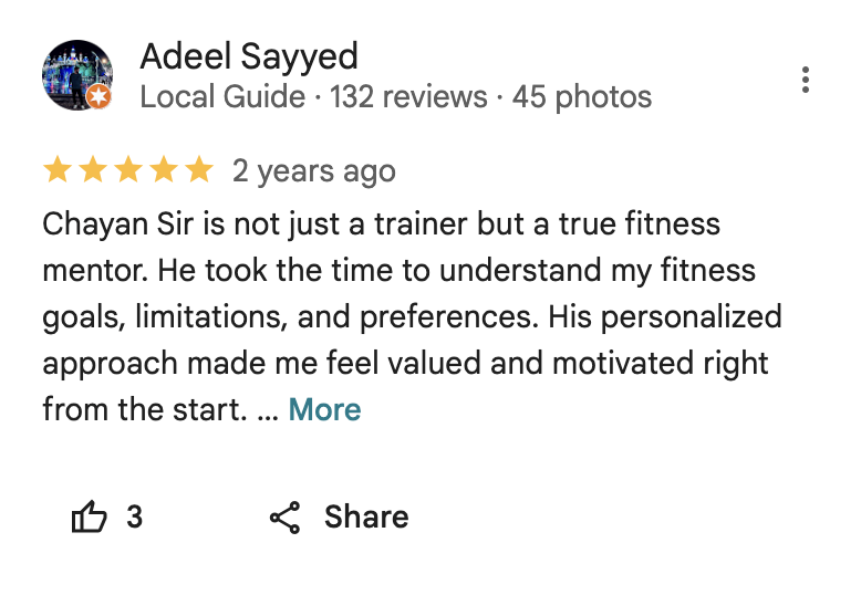 5-star Google review for Intra Fitness Club Ravet highlighting great trainers, energetic Zumba classes, and modern gym facilities