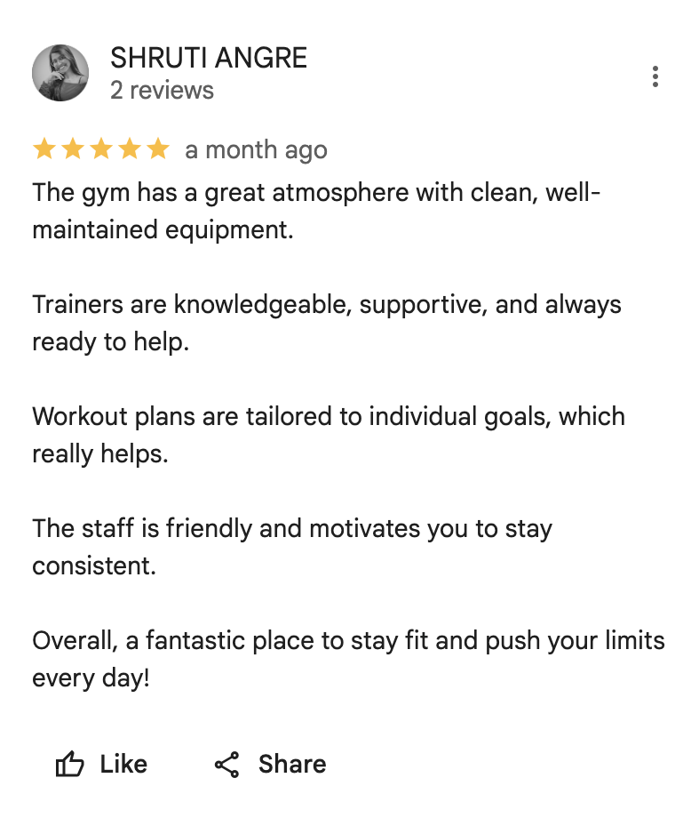 5-star Google review for Intra Fitness Club Ravet highlighting great trainers, energetic Zumba classes, and modern gym facilities