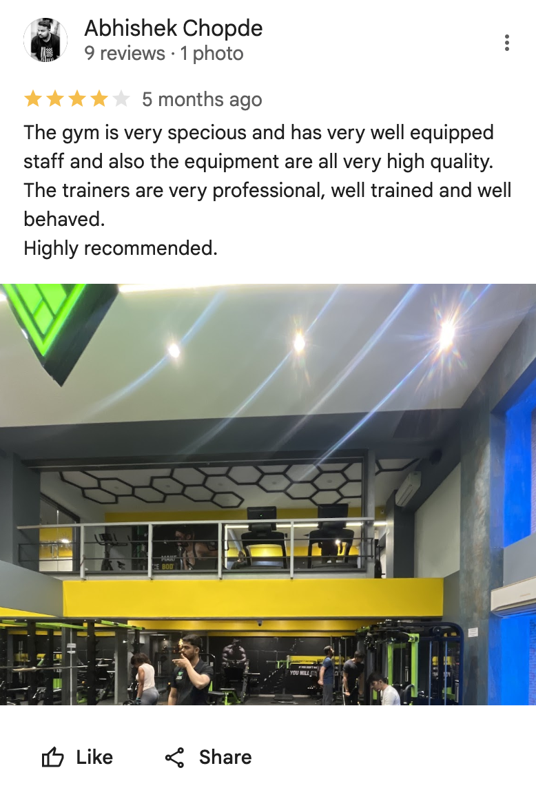 5-star Google review for Intra Fitness Club Ravet highlighting great trainers, energetic Zumba classes, and modern gym facilities