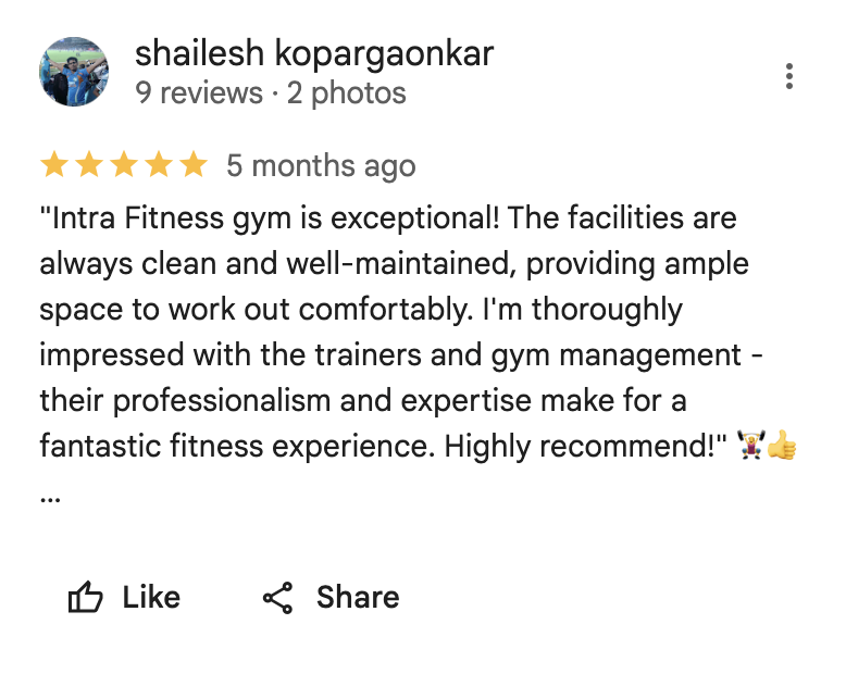 5-star Google review for Intra Fitness Club Ravet highlighting great trainers, energetic Zumba classes, and modern gym facilities