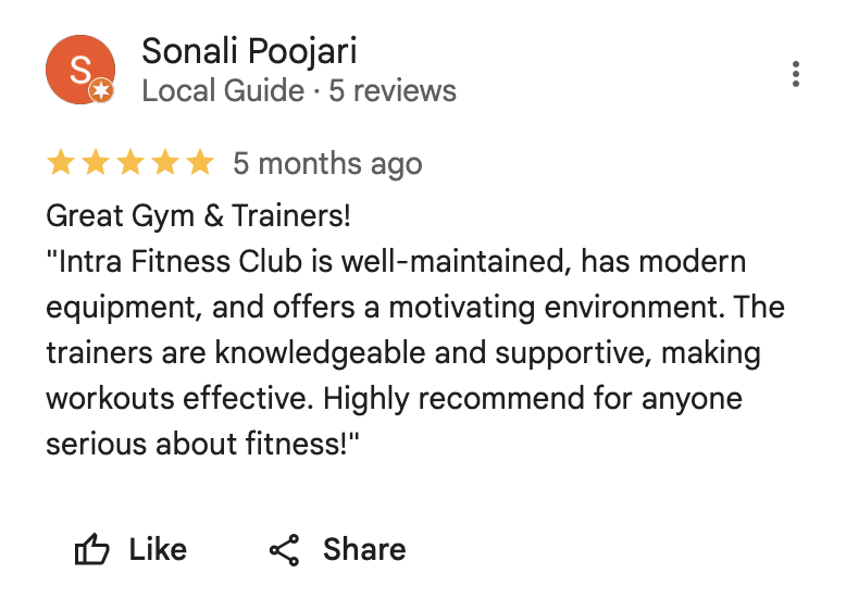 5-star Google review for Intra Fitness Club Ravet highlighting great trainers, energetic Zumba classes, and modern gym facilities