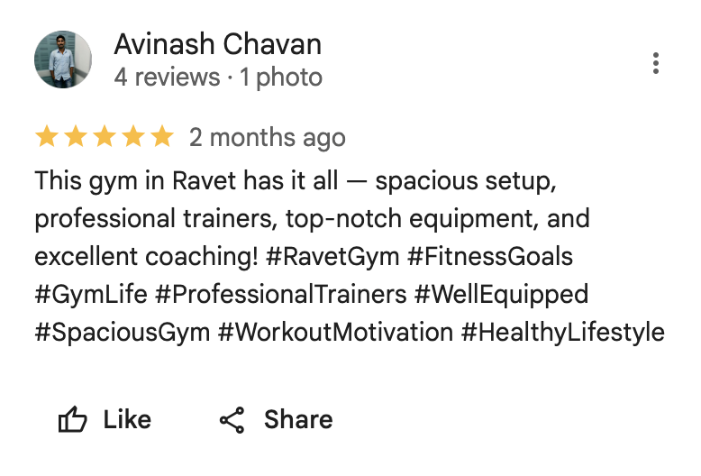 5-star Google review for Intra Fitness Club Ravet highlighting great trainers, energetic Zumba classes, and modern gym facilities