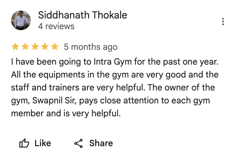 5-star Google review for Intra Fitness Club Ravet highlighting great trainers, energetic Zumba classes, and modern gym facilities